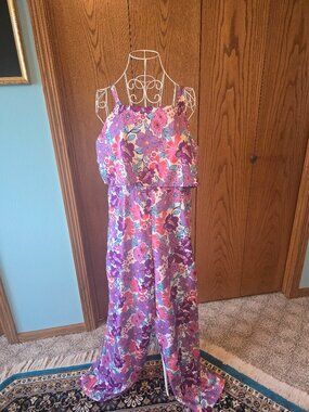 Floral Wide Leg Jumpsuit L 10–12 Sleeveless Overlay Bodice Travel Friendly